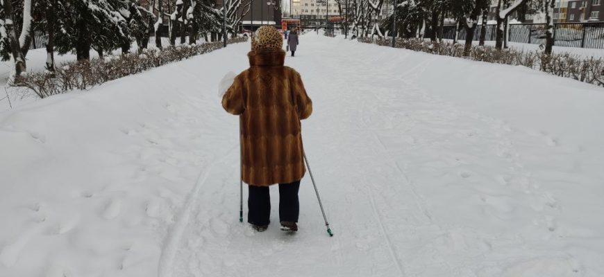 Пенсионер зима скандинавская ходьба
