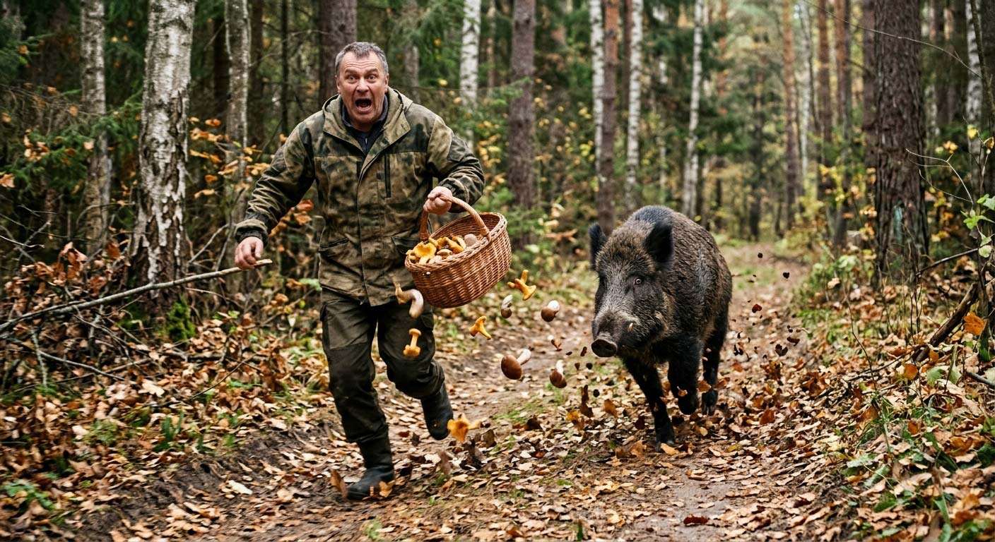 грибник убегает от кабана